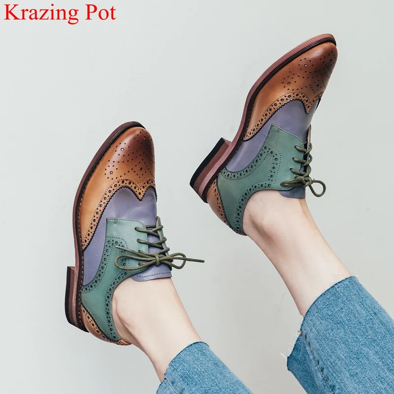 Krazing Pot/женские туфли-лодочки из коровьей кожи на толстом низком каблуке, с круглым носком, в винтажном стиле, смешанных цветов, со шнуровкой, нейтральная Осенняя обувь, L85