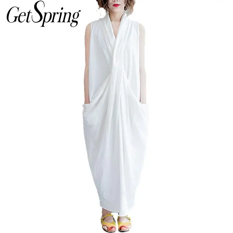 GETSRING Dresses Women White Dress 2018 New Summer V Neck Sleeveless Oversized Loose Long Womens Cotton Casual Wear Gray | Женская