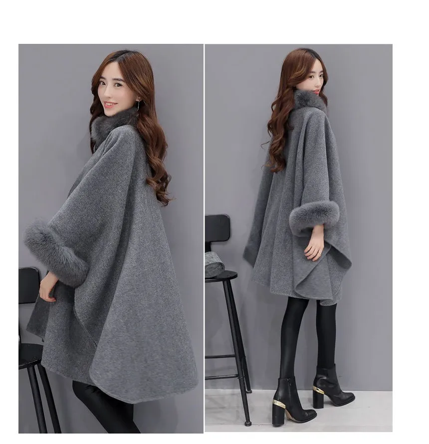 

Ponchos and Capes Women 2022 Christmas Fashion Flare Sleeve Faux Fox Fur Collar Winter Wool Cloak Cape Coat Poncho Long Overcoat