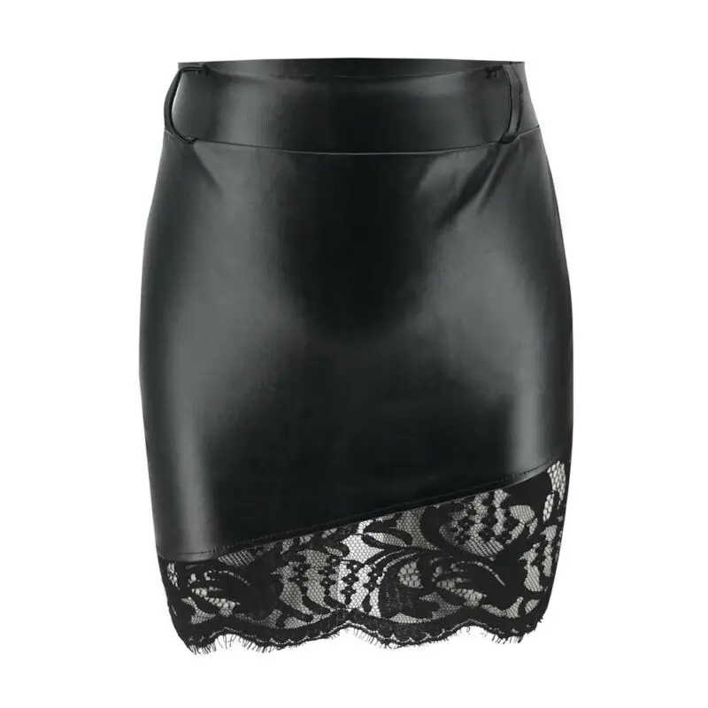 

Women Sexy Bandage PU Leather High Waist Pencil Skirts Womens Lace Patched Bodycon Hip Short Mini Skirt Femme Black Skirts
