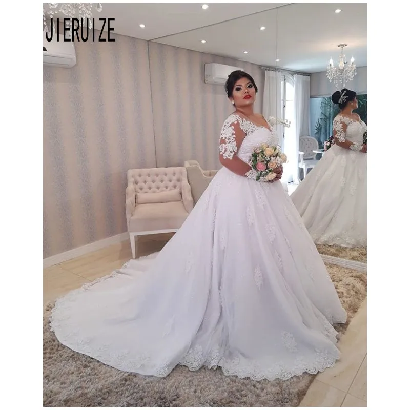 

JIERUIZE Plus Size Wedding Gowns Scoop Neck Long Sleeve Lace Up Appliqued With Beads Long Bridal Ball Gown Custom Robe De Mariee