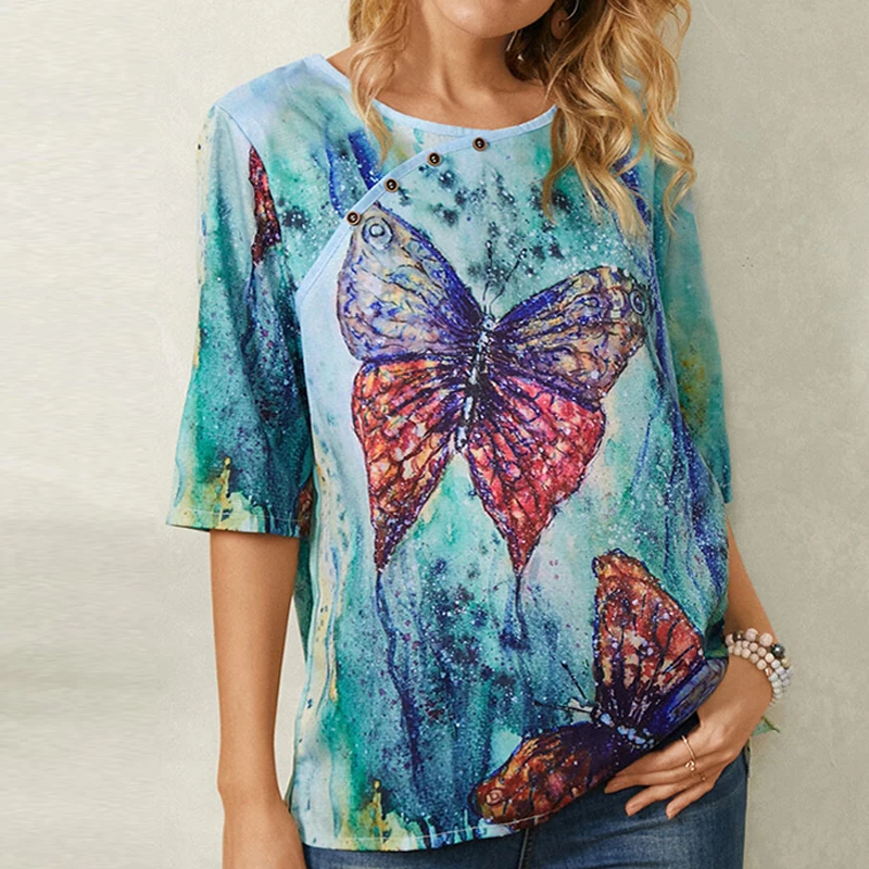 

Spring Women Vintage Pattern Print Tee Shirt Elegant Half Sleeve Loose Pullover Tops Summer O Neck Plus Size T Shirts Streetwear