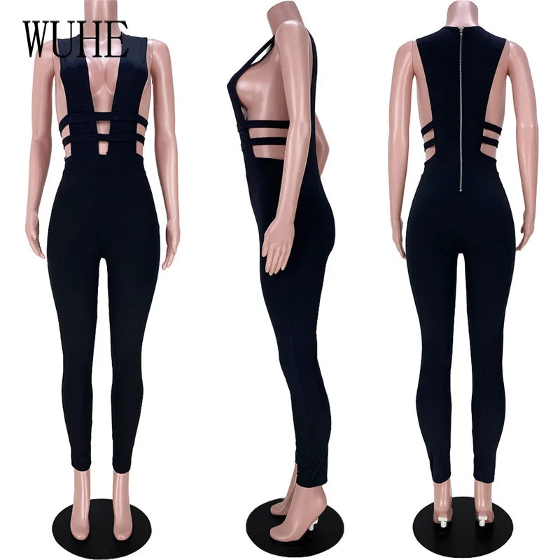 

YEYA Nightclub Womens Jumpsuit Skinny Stretchy Hollow Zipper Up Deep V Neck Off Shoulder Party Sports Fitness Casual Overalls