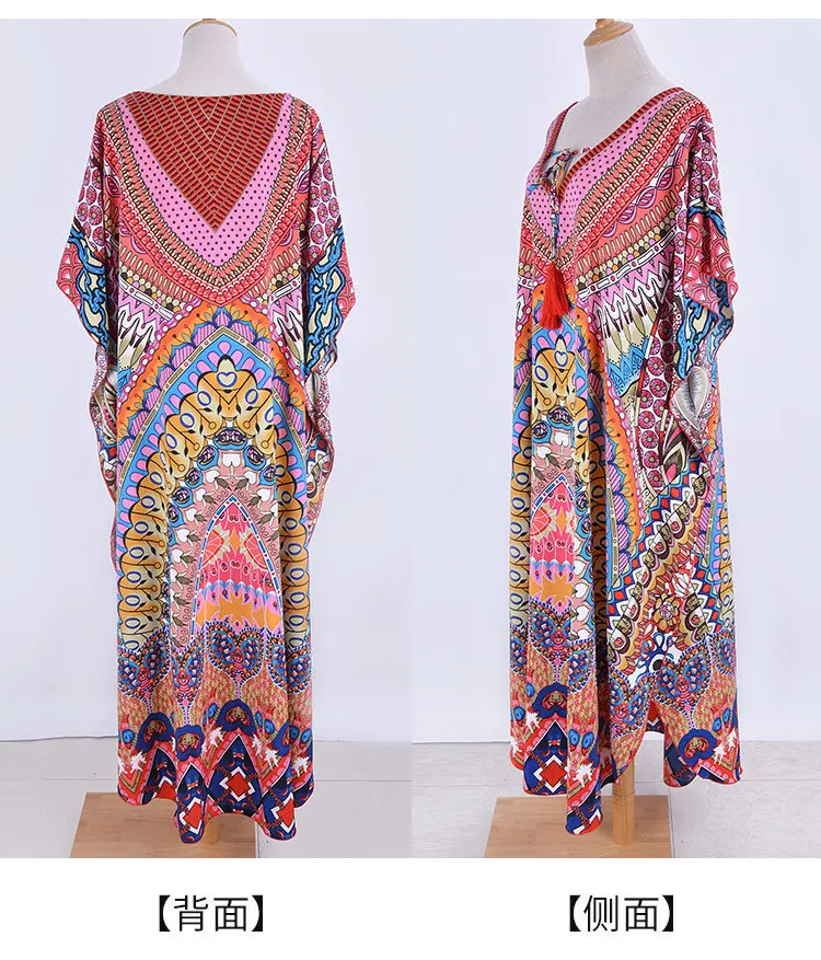 

Women Retro Print Beach Cover Up 2019 Female Long Beachwear Kaftan Bikini Dress Sun Protection Sarong Top Boho National style
