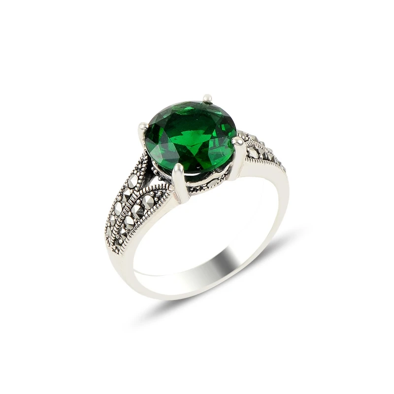 

Silverlina Silver Marcasite & Emerald Zircon Cubic Zirconia Engagement Ring