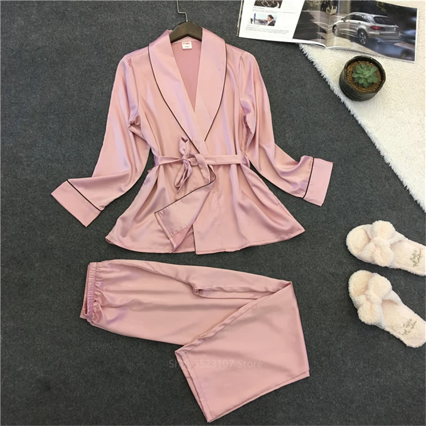 

2020 Satin Silk Sexy Pajamas Sets for Women Suit Pink Home Sleepwear Night Long Sleeve Loungewear 2Pcs Clothing Pant