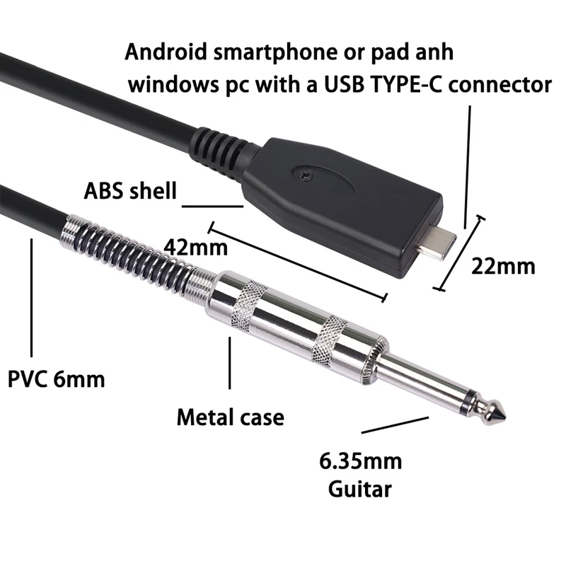 

USB Type-C Male to 6.35mm Male Cable Guitar Audio Recording Adapter Cord Instrument Audio Wire Line 3.0M