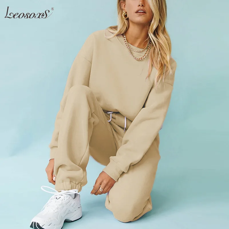 LEOSOXS однотонный повседневный спортивный костюм женский комплект из 2 предметов