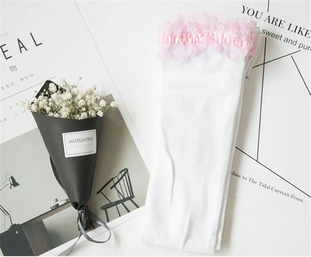 white pink JK школьная форма выше колена плотные носки с кружевом чулки в Стиле Лолита B414 - Цвет: white pink