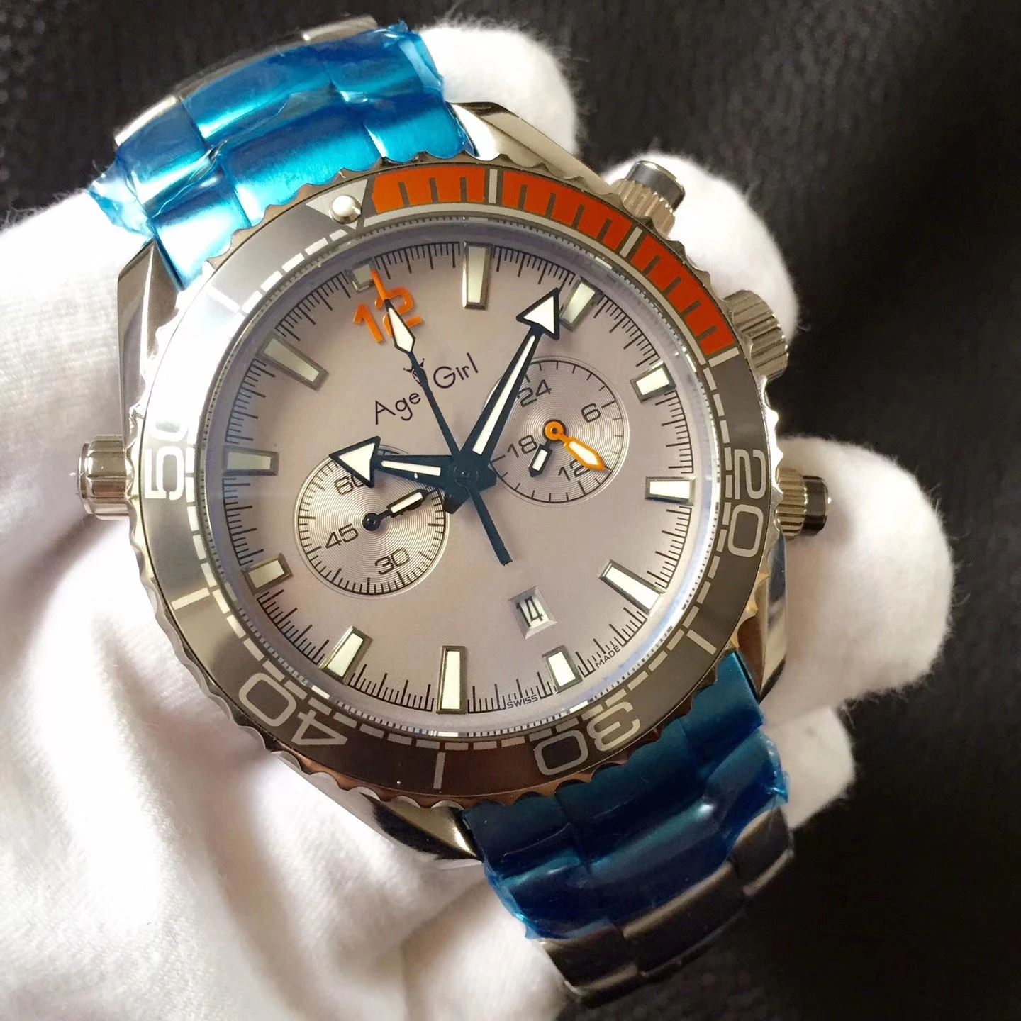 

Classic New Men Professional Sport Watches Fashion Stainless Steel Orange Black Grey Chronograph Sapphire Ceramic Bezel AAA