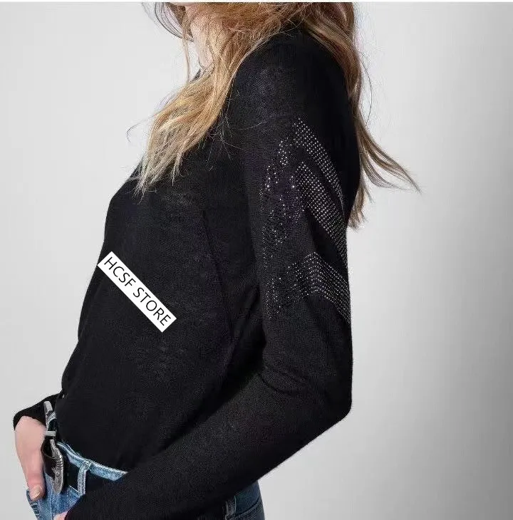

100% Cashmere Pullover Sweater Women Long Sleeve with Rhinestone Letter Embroidery 2021 New Autumn O-neck Casual Knitted Top