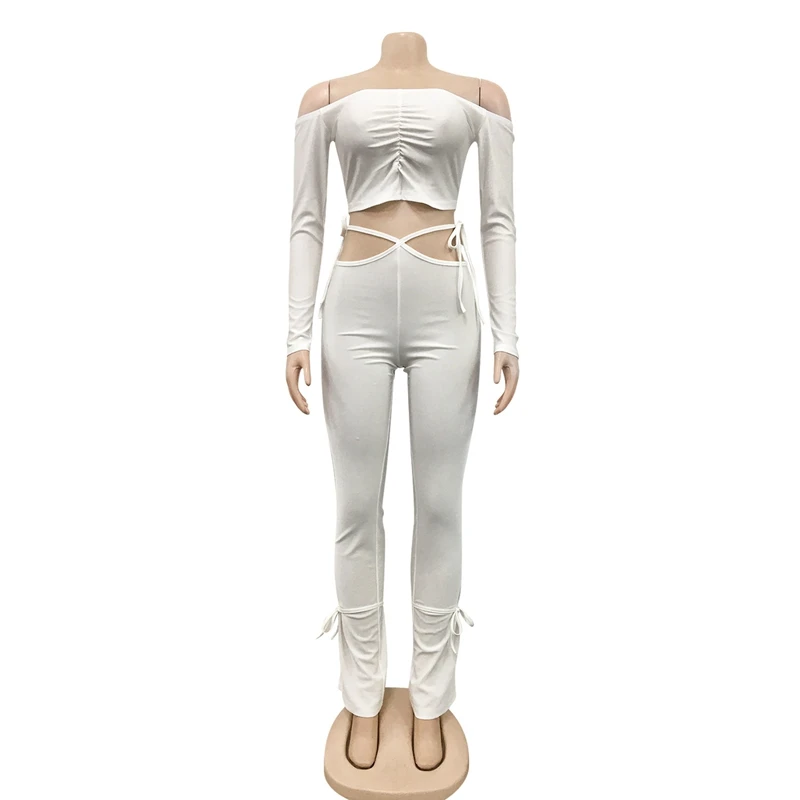 

2021 Spring Sexy Two Piece Set Strapless Crop Top Hollow Stacked Leggings Pants Women Fashion Clothing Streetwear Club Outfits