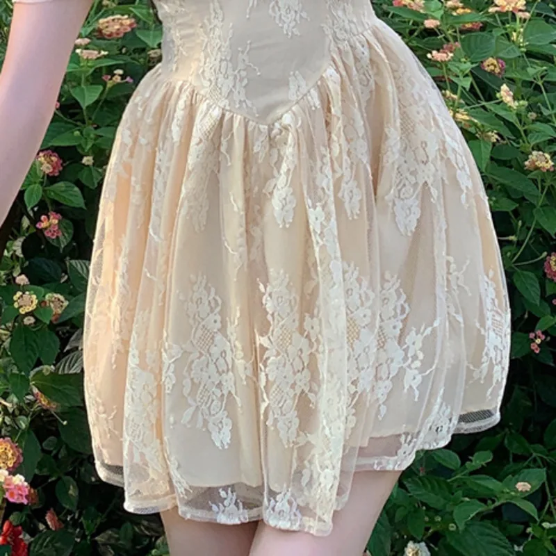 

French Style Sexy Lace Mesh See-through Patchwork Mini Dress Summer New Short Sleeve Floral Robe 2021 Sweet Party Vestidos Mujer