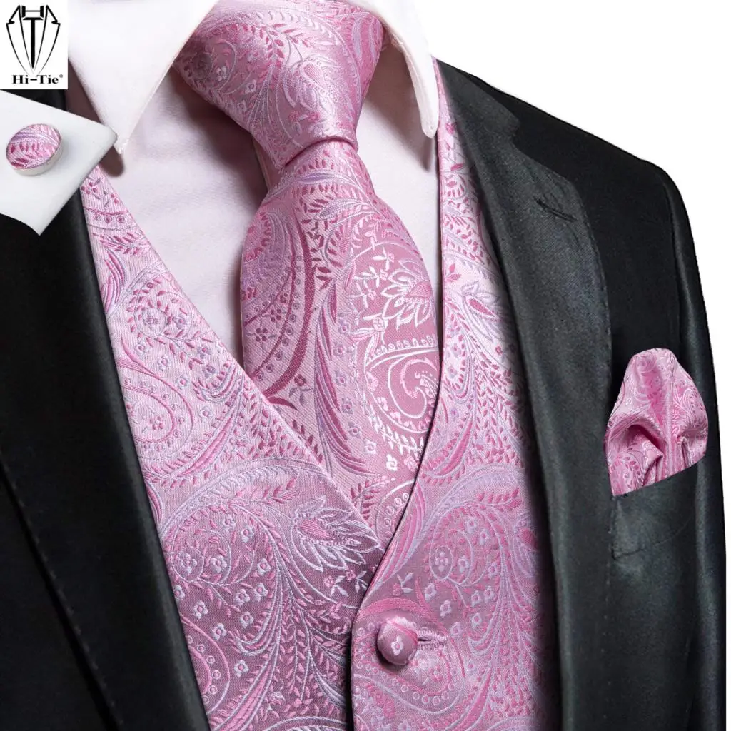 Gilet da uomo in seta Hi-Tie gilet rosa Paisley 4PC gilet intrecciato cravatta tasca quadrata gemelli Set abito da sposa d'affari giacca in vita