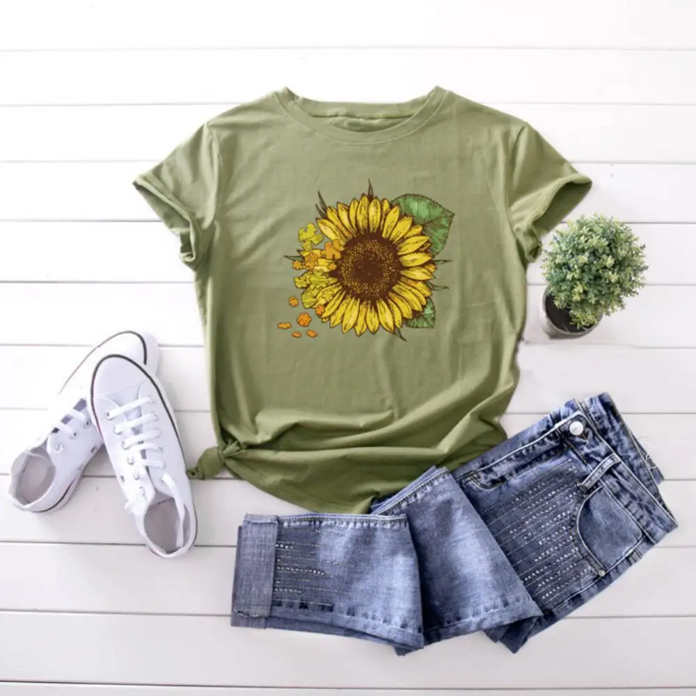 

Blouses women casual summer Women Casual Sunflower Print Round Neck Blouse Short Sleeve Loose Tops T-shirt