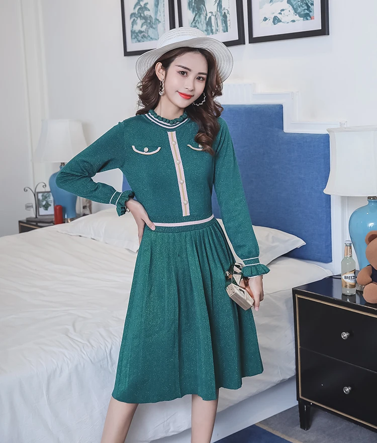2019 Newest Autumn Women Green Knitting Pleated Long Dresses Vestidos High Quality Womans Flare Sleeve Runway Dress XL | Женская одежда