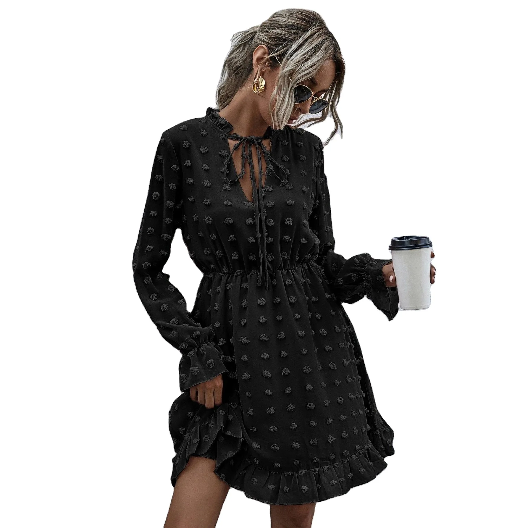 

Women's 2021 Long-sleeved A-line Skirt Sexy V-neck Tie Solid Color High Waist Temperament Commuter Knee-length Dress 22 Orders