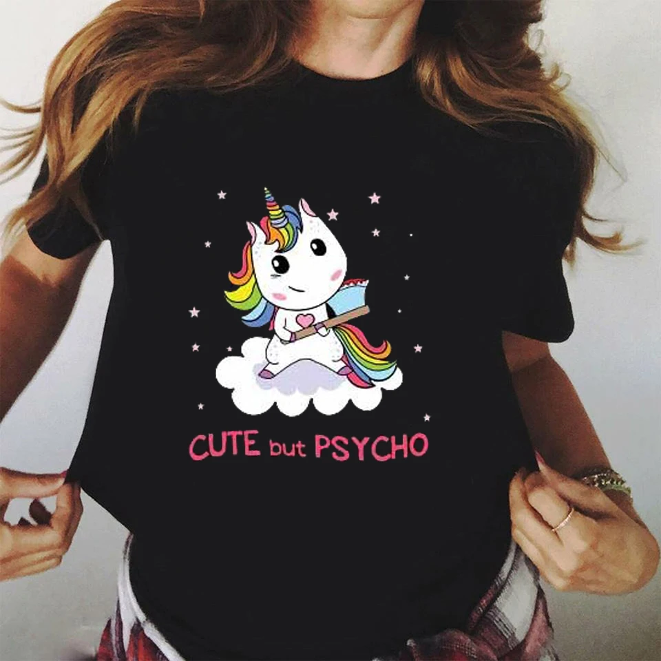 Новые Графические футболки эстетические милые но Psycho единорог Harajuku женские топы