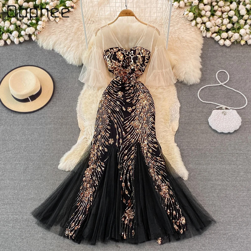 

New Elegant Pleating Evening Long Dress Banquet Noble Sexy Sequined Embroidered Fishtail Sheath Dresses for Women 2021 Winter