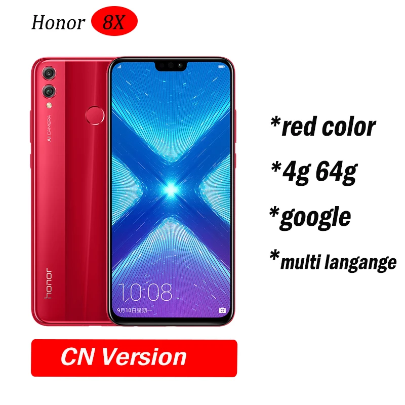 Глобальный Встроенная память Huawe Honor 8X6,5 ''полный экран ОТА обновление смартфон не 8x max мобильного телефона Android 8,1 Восьмиядерный отпечаток пальца ID - Цвет: 4g64g red