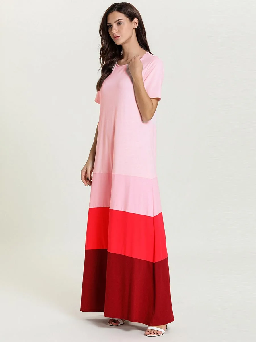 

women casual plus size color block patchwork maxi dress short sleeve muslim abaya female oversized robe dubai gown VKDR2487