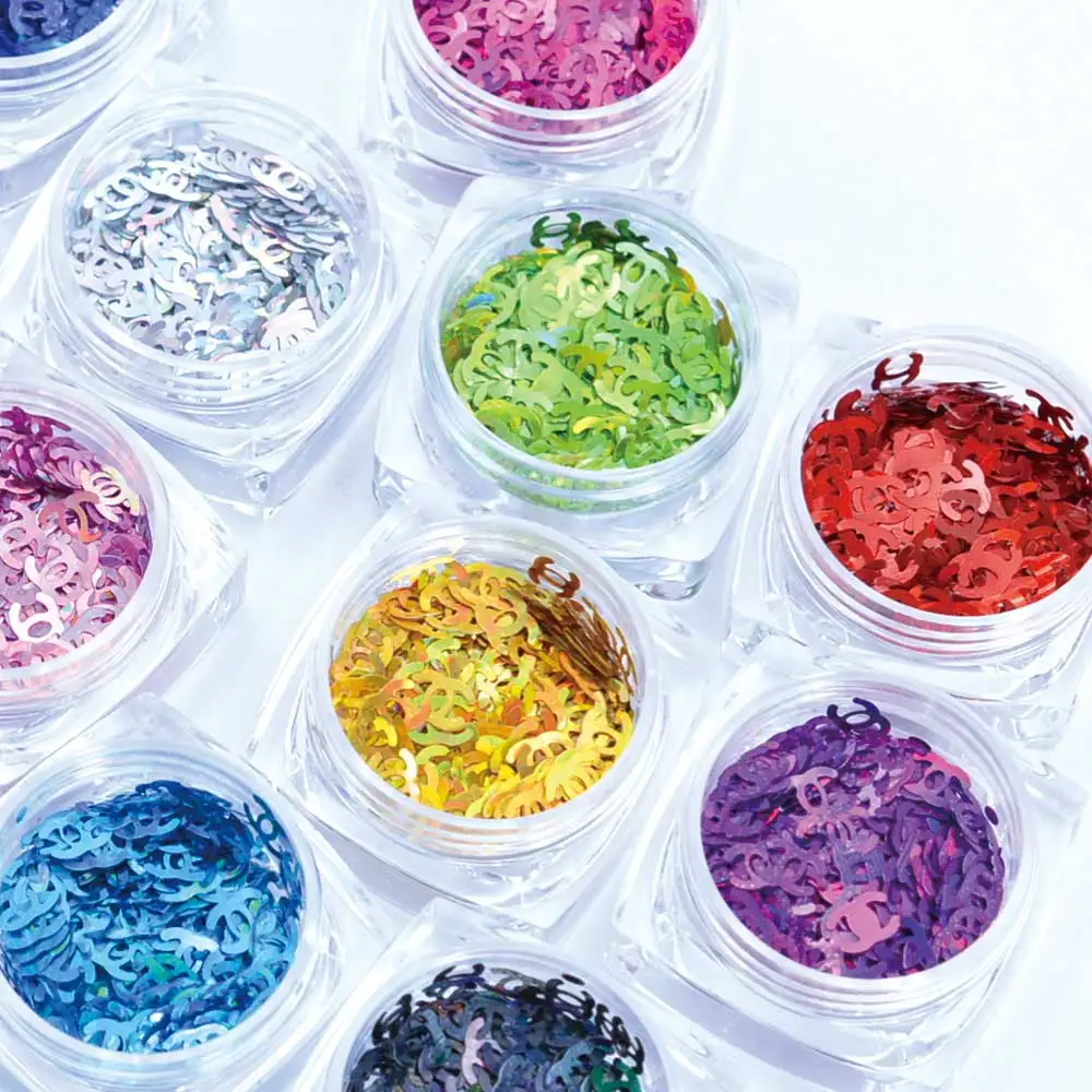 

1 Box 12 Color Glitter 3D Logo Brand Ultrathin Sequins With 4 Design Hexagon Moon Rhombus Butterfly