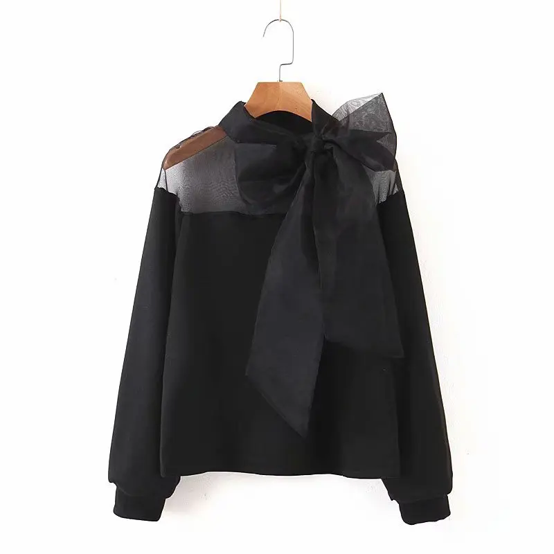 

Spring Autumn Women's Fashion Slim Semi-Perspective Top Net Yarn Stitching Top Bow Neckline