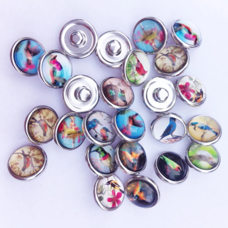 

10 Pieces Assorted Iridescent Glass Dome Bird 12mm Snap Buttons Love Birds Colors Jewelry For Bracelet Diy Component Mix Colors