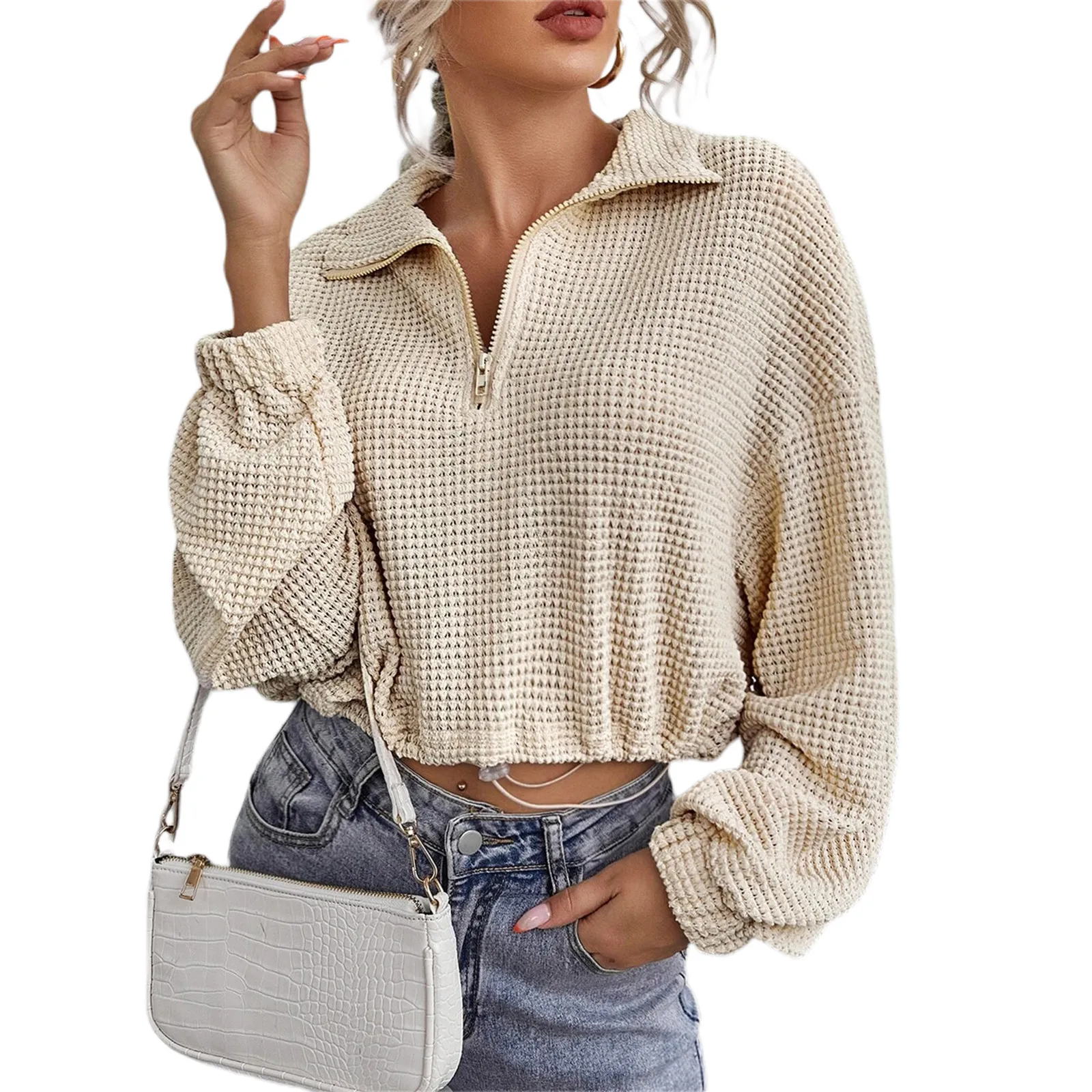 

Women Autumn Shirt Solid Color Lapel Zipper Long Sleeves Short Pullover Tops for Girls Apricot