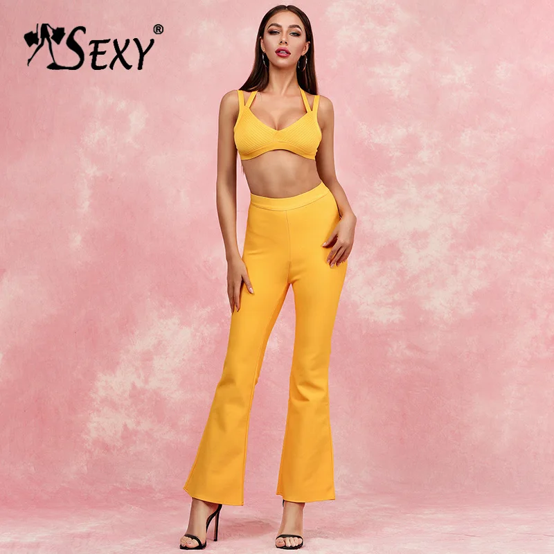 Gosexy новинка 2019 сексуальный укороченный топ на бретельках и расклешенные штаны