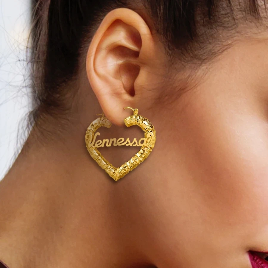Custom Bamboo Name Earrings Double Gold Plated Stainless Steel Name Heart-shaped Earrings Personalized Jewelry Gift For Women