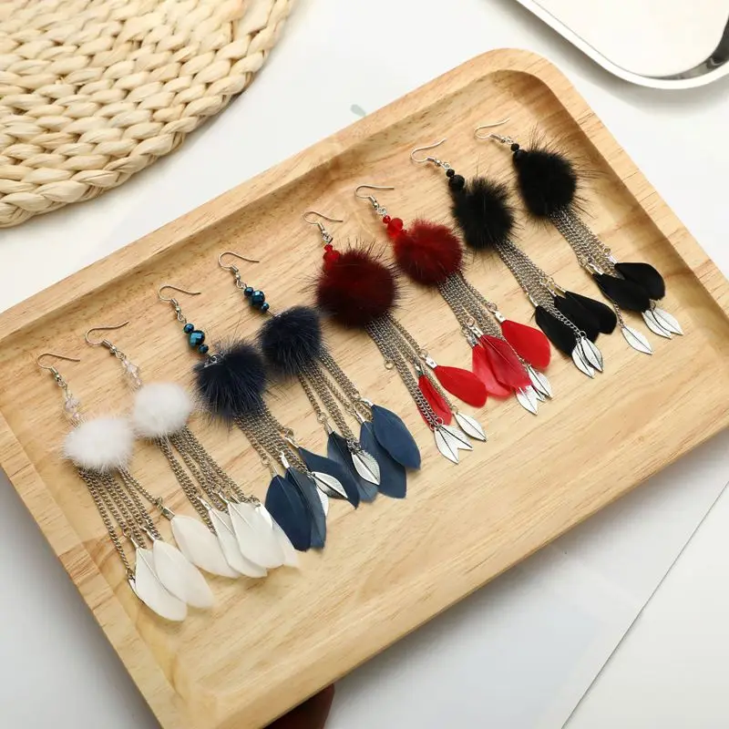 

Style Bohemian Long Retro Feather Exaggerated Bohemian Handmade Drop Earrings Tassel Earrings Holiday Jewelry Gift for Women