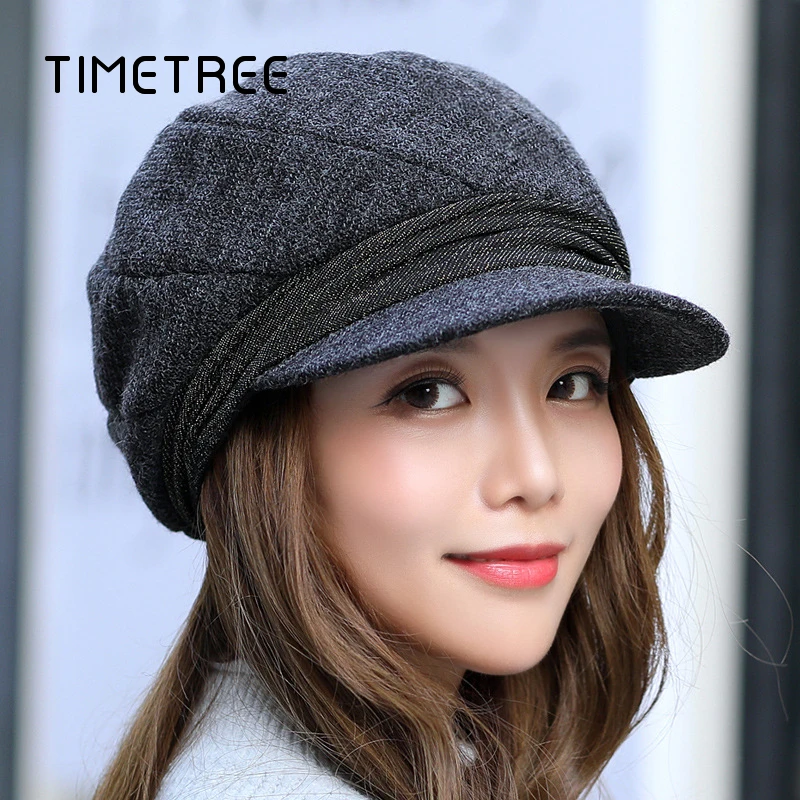 Модные шикарные шапки женские зимние шерстяные берет шляпа темно-синие мягкие