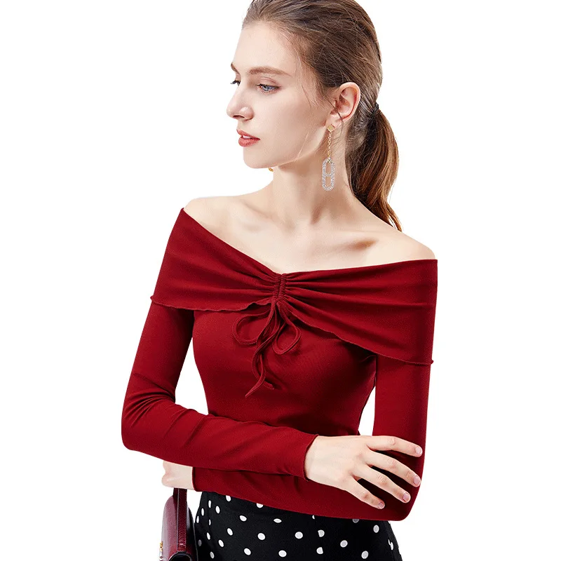 Осень новинка 2019 модные сексуальные с открытыми плечами топы футболки длинными