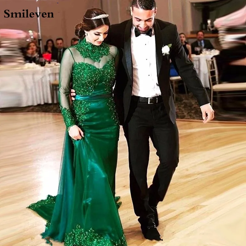 

Smileven Malachite green Moroccan Kaftan Dubai Evening Dresses Beaded Lace Applique Velour Saudi Arabic Party Gowns Detachable