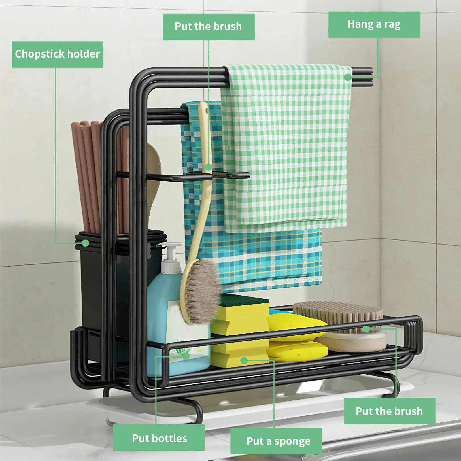 

Kitchen Sink Caddy Organizer Sponge Soap Holder Countertop Sponge Rack With Drain Pan Tray Kitchen Holders For Cloth Rag