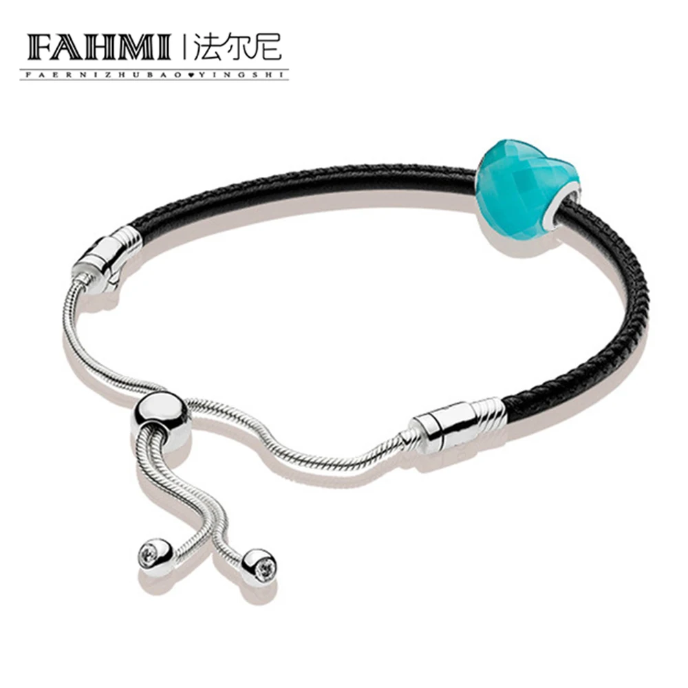 

FAHMI 100% 925 Sterling Silver 1:1 Genuine Summer Basic Leather Hand Strap Blue Love Beaded Glamour Original Women Jewelry