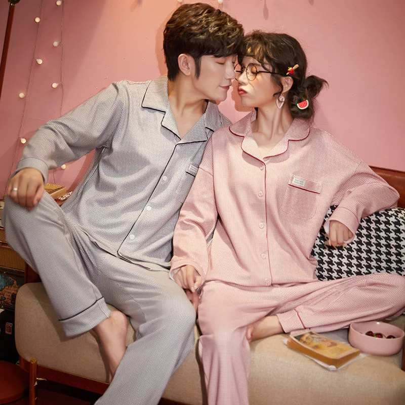 

Spring&Autumn Couple Pajamas Cotton Women Pajama Set Long-sleeve Casual Men pyjama homme Plus Size pijama hombre Sleep Tops