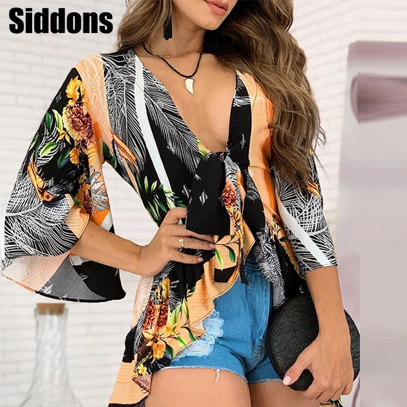 

2021 Summer Sexy V-Neck Tie-Up Blouse Women Shirts Fashion Vintage Floral Print Irregular Tops Ladies Elegant Flare Sleeve Blusa