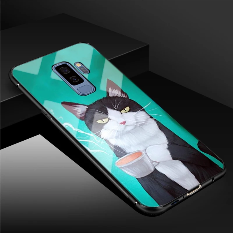 Cute Coffee Milk Cat Tempered Glass Phone Case For Samsung Galaxy S8 S9 S10 S20 PLUS J6 J8 2018 NOTE 8 9 10 Cover Shell | Мобильные