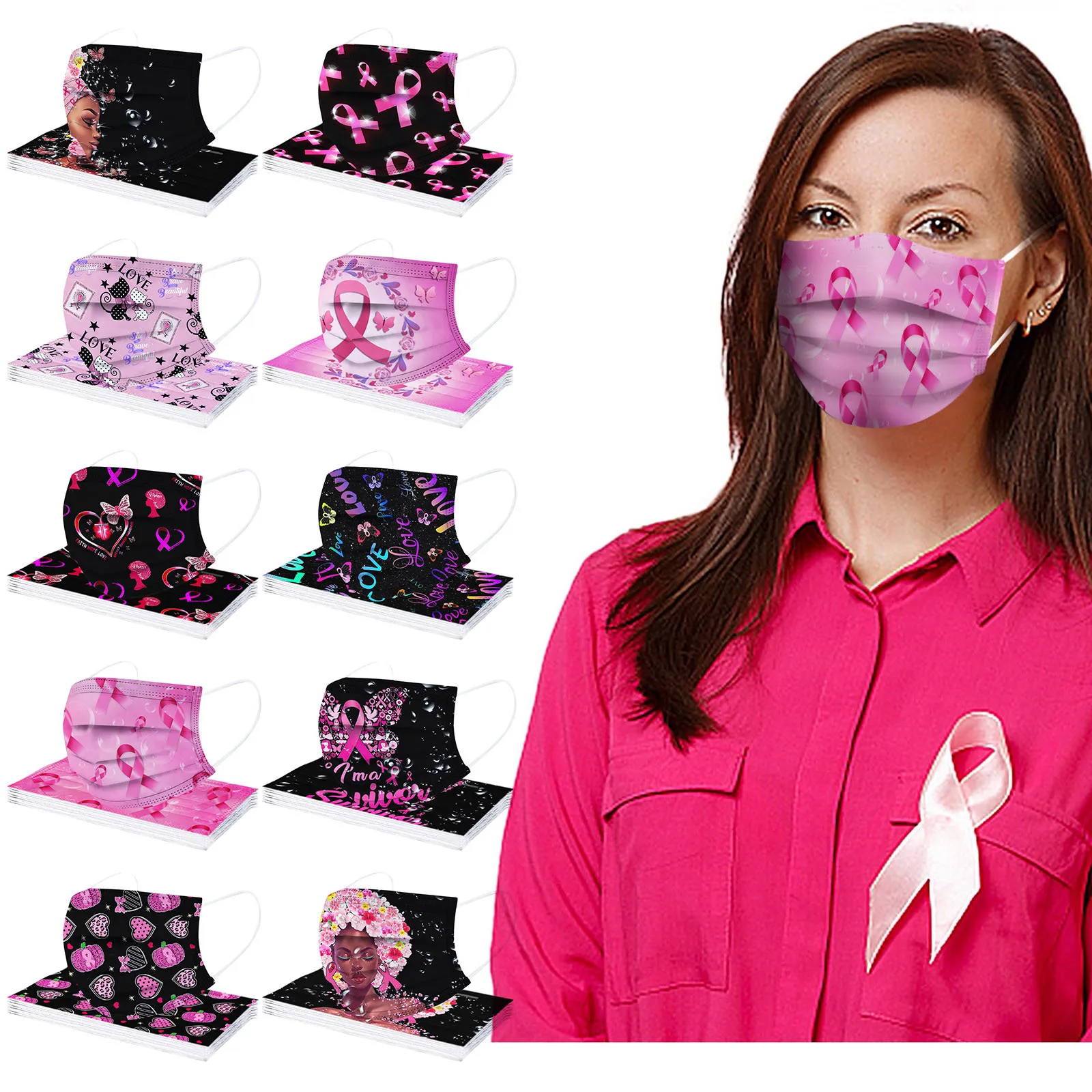 10pcs Breast Cancer Printed Adults Disposable Mask Awareness Hope Ribbon 3 Layer Mascarillas Desechable Halloween Cosplay - купить по