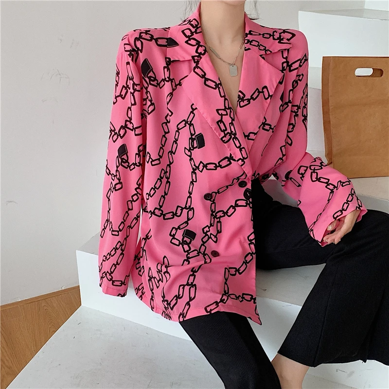 

Summer New Women's Printed Loose Oversized Long Sleeve Suit Shirt And Elegant Black Flares Pants Trousers Casual 2 Piece Sets