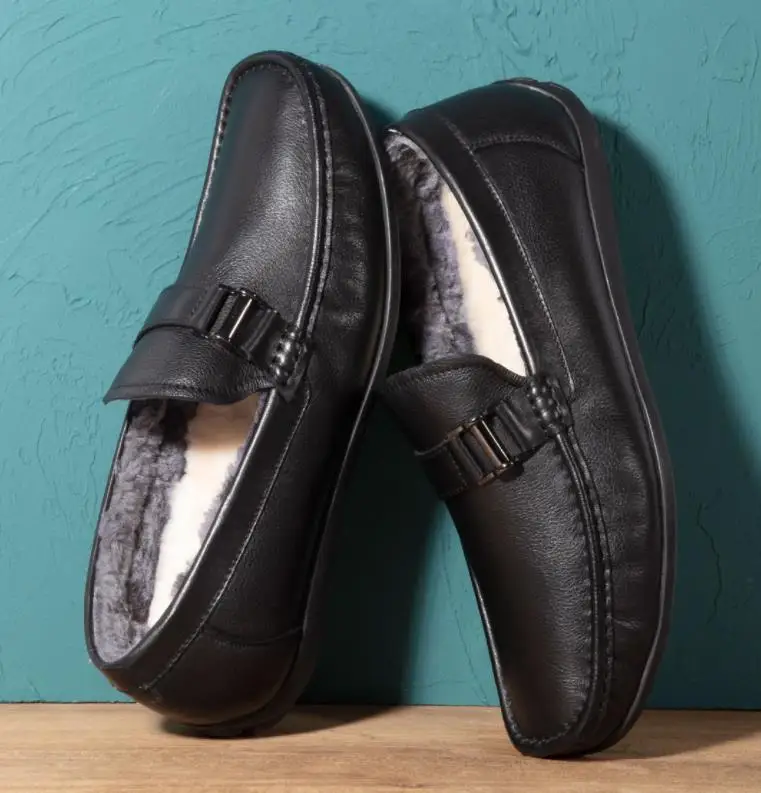 

Xiaomi QIMIAN Male Luxury Wool mat Cowhide shoe Keep warm wool men Casual Leather shoes Slip on Driving Shoes
