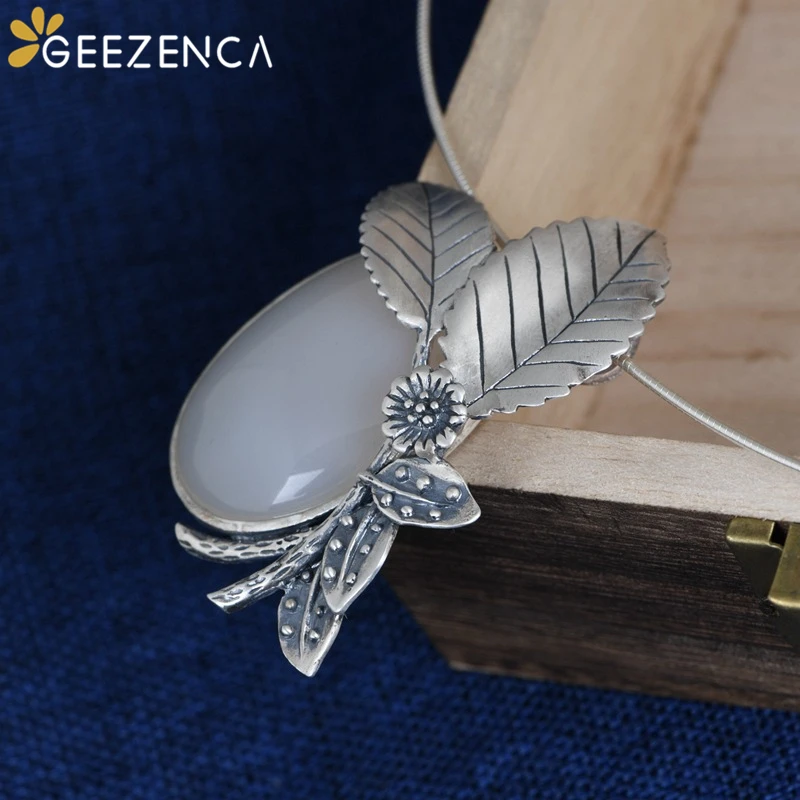 

925 Sterling Silver Women's Pendant Tree Leaf Oval Chalcedony Gemstone Fine Jewelry Cute Trendy Necklace Pendants Without Chain