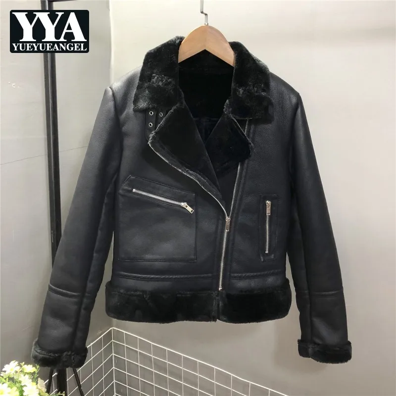 Зимняя Женская Толстая теплая куртка из искусственной кожи с меховой подкладкой