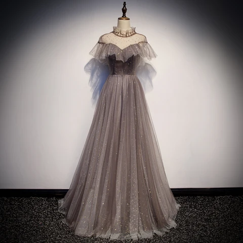 Gray Evening Dress High Neck Beading Bling A-line Floor-length Custom Plus Size Lace up Illusion Formal Evening Dresses R1247