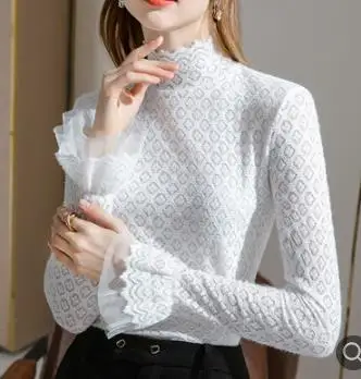 2021 зимние кружевные Футболки с длинным рукавом женские модные пуловеры Зимние