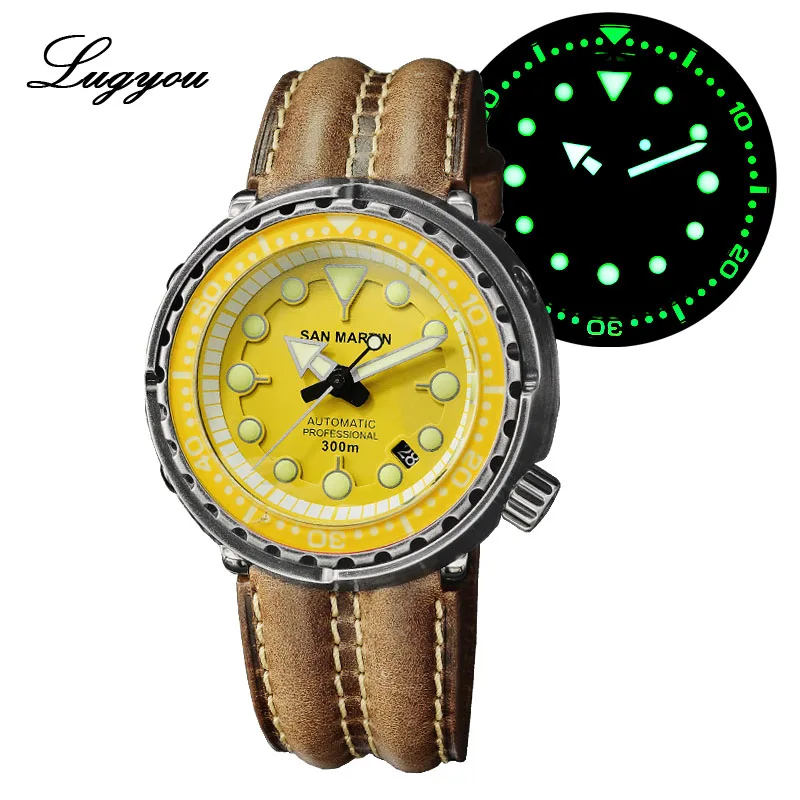 Leather Yellow Lugyou Сан Мартин тунец часы черный старение автоматические NH35 мужские дайвинг часы нержавеющая сталь 30 бар водонепроницаемый сапфир Дата Окно - Цвет: Leather Yellow