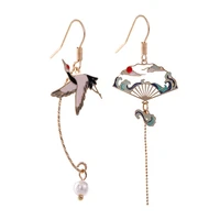 chinese elements hollow fan chain tassel pearl pendant lotus leaf cherry blossoms cloud long drop earrings for women