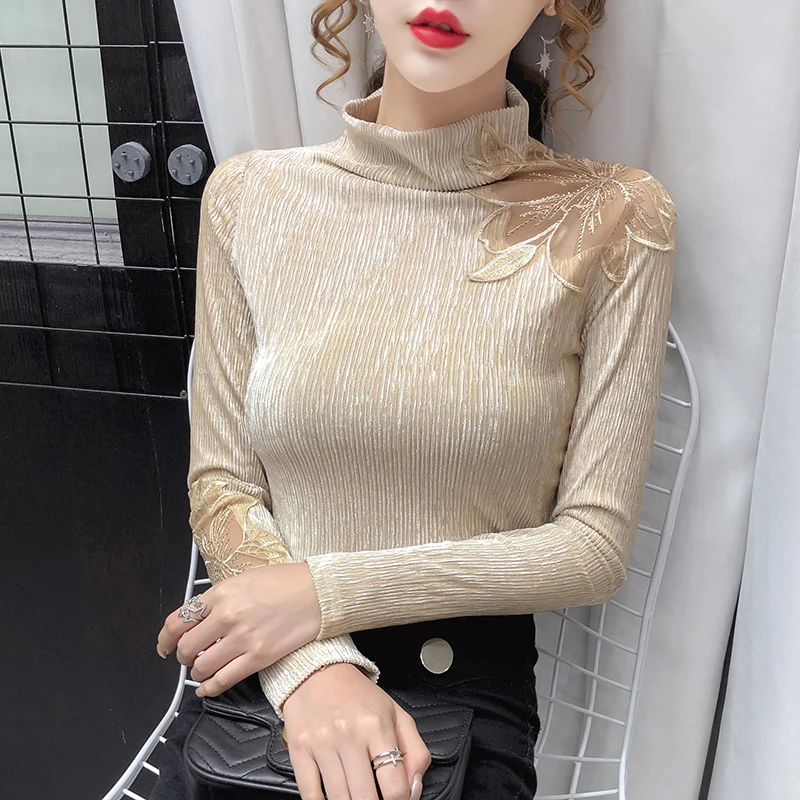 

New Long Sleeve Velvet Tops 2021 Spring Womans Turtleneck Elastic Top Female Mesh Patchwork Hollow Embroidery Ladies T Shirt